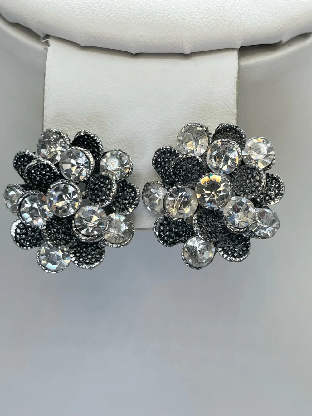 Silver Tone White Crystal Glass Rhinestone Floral Clip On Statement Earrings